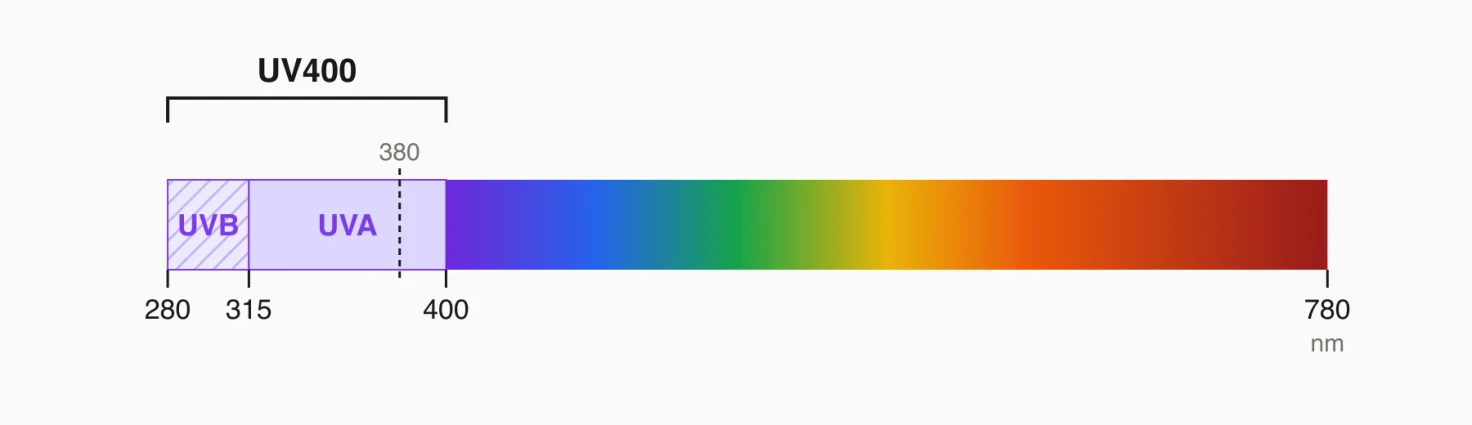 Light spectrum from 280 to 780 nm: UVB and UVA below 400 nm, visible light above; the UV400 range covers everything up to 400 nm